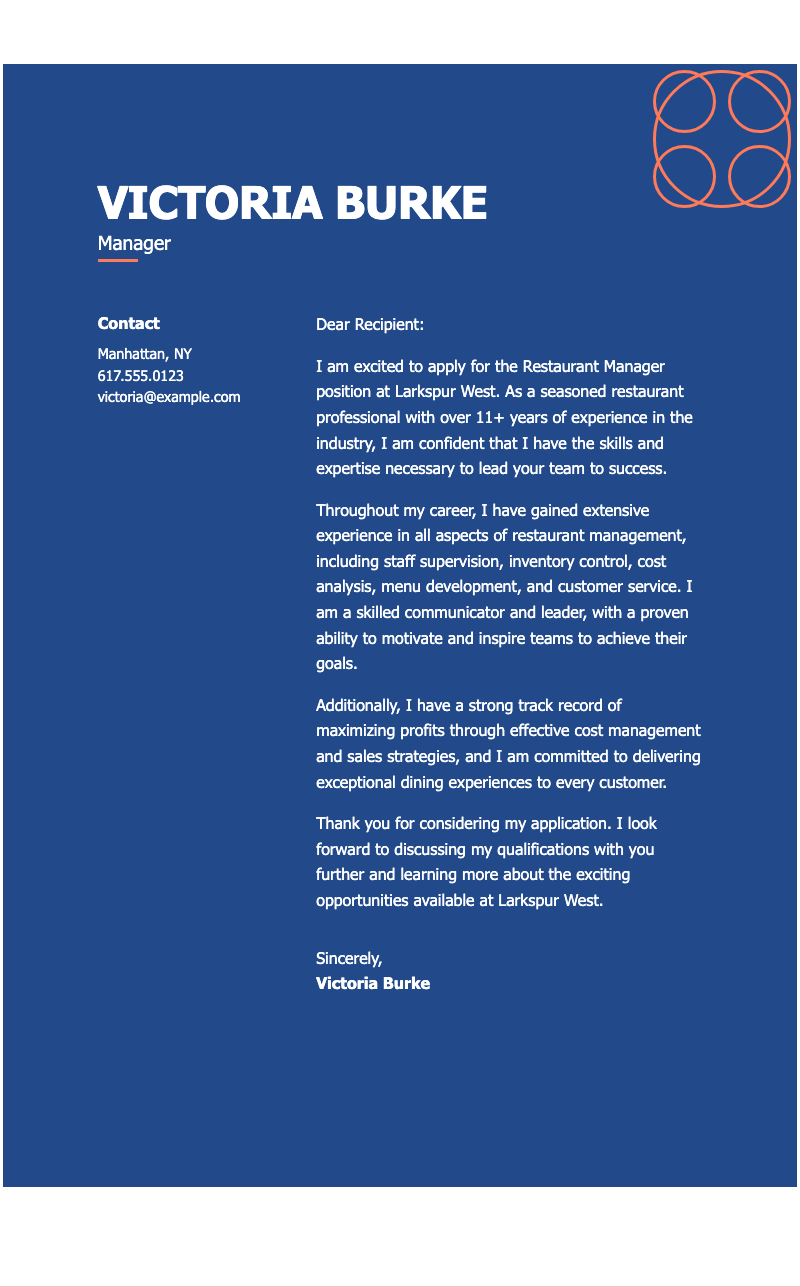 Creative food service cover letter - Professional cover letter template featuring a bold blue header and modern layout for impactful job applications.